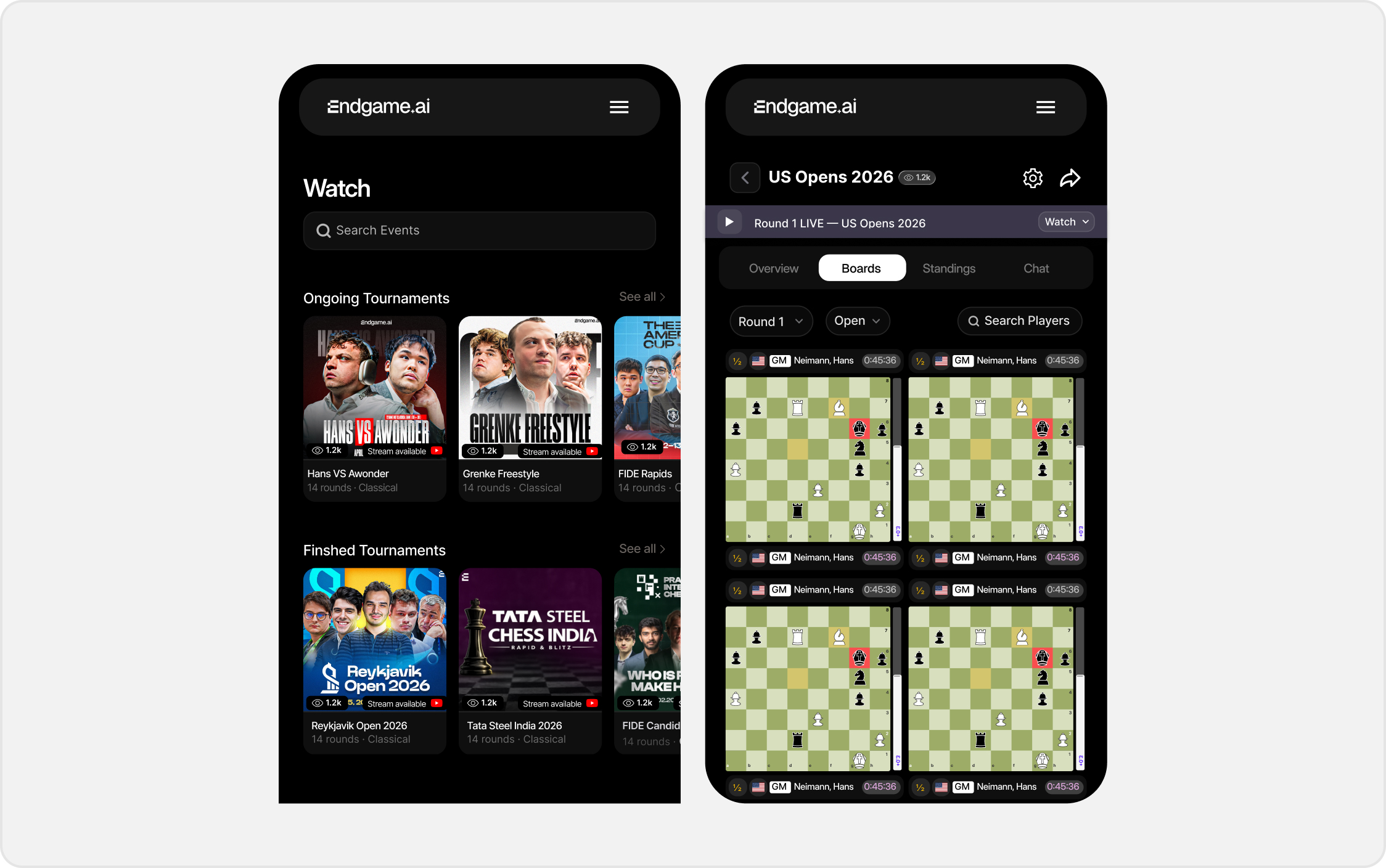 Watch experience with live tournaments and boards